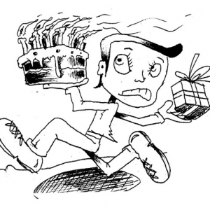 Cartoon - Figur mit Geburtstagstorte und Geschenk